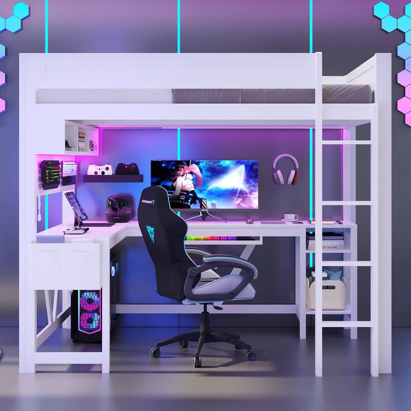 Full Size Gaming Loft Bed with Desk, Storage Shelves, LED Lights, and Charging Station in White