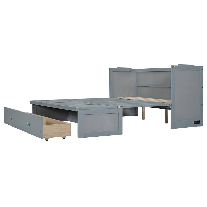Queen Size Murphy Bed with USB Port and Large Drawer, Space-Saving Design, No Box Spring Needed, Espresso Finish