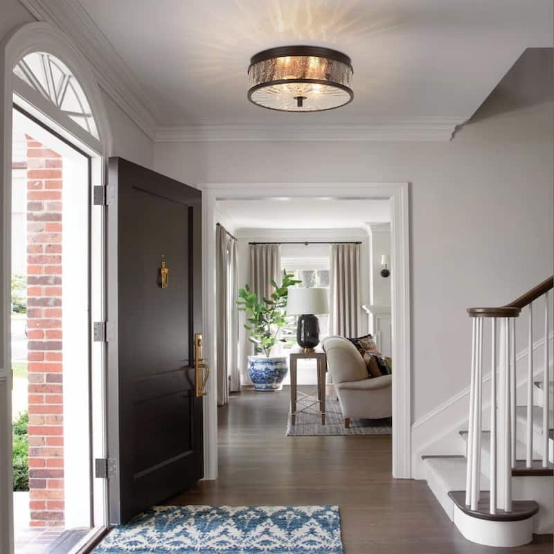 Industrial 2-Light Crackled Glass 12in Round Ceiling Light - 12 Inches