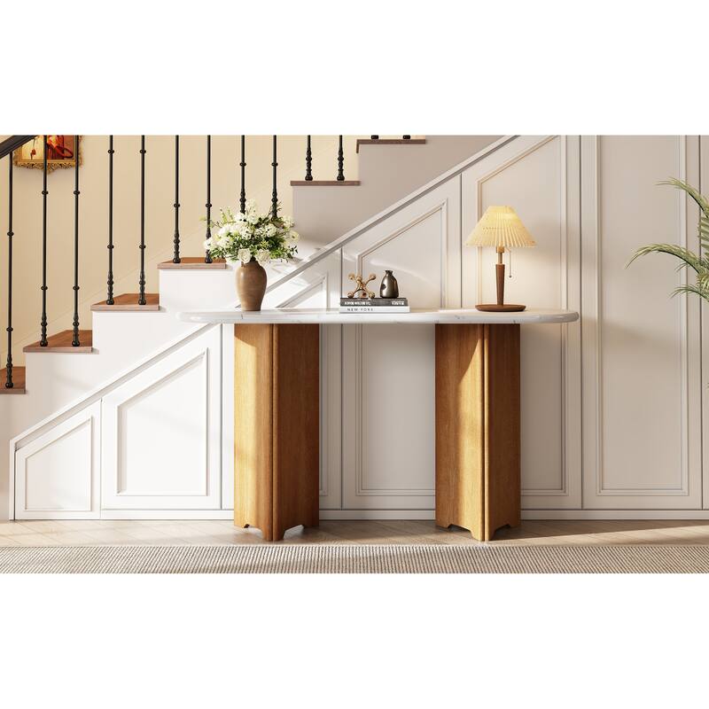 Narrow Console Table with Oval Faux Marble Top