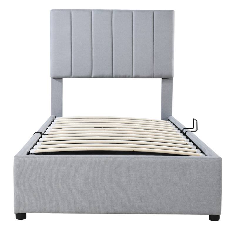 Twin Size Gray Upholstered Platform Bed with Hydraulic Storage System
