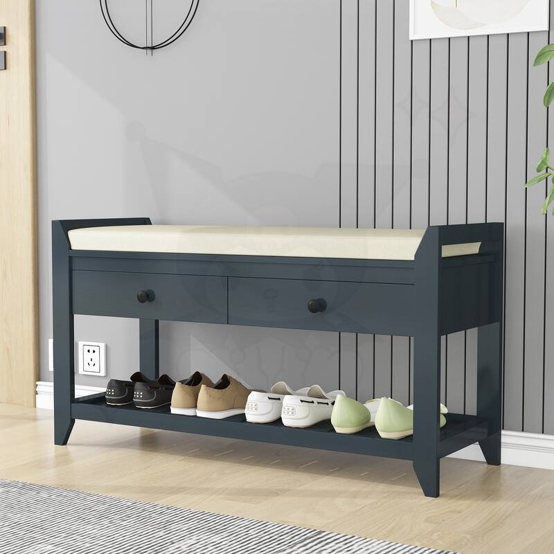 Shoe Rack with Cushioned Seat and Drawers - Antique Navy