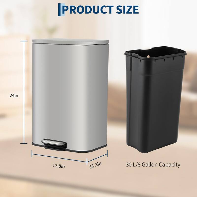 8 Gallon Commercial Stainless Steel Trash Can, Fingerprint-Proof with Soft-Close Lid & Foot Pedal for Home Office Restaurant