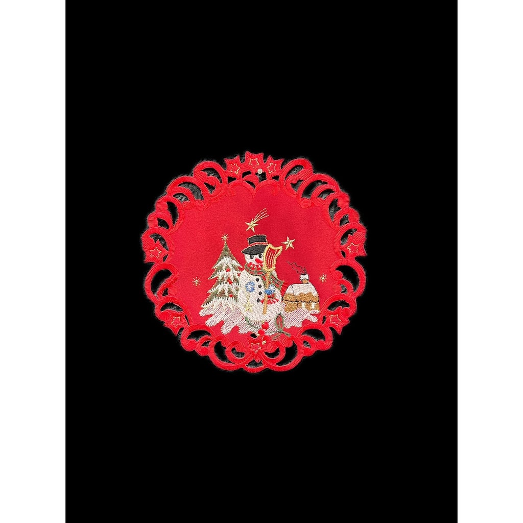 Snow Man Embroidered Cutwork Round Placemat, 8-Inch diameter