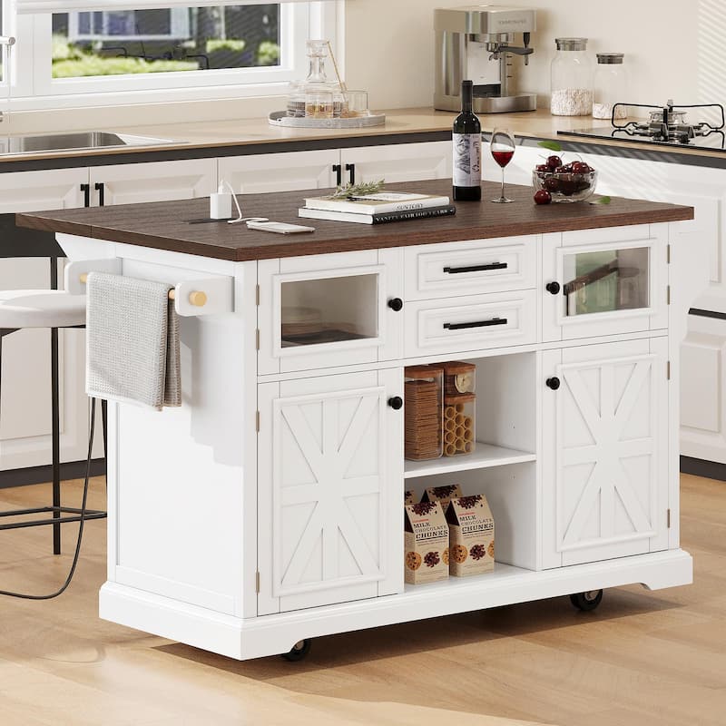 54.9" Kitchen Island with Drop Leaf, Power Outlet, Kitchen Storage Cart