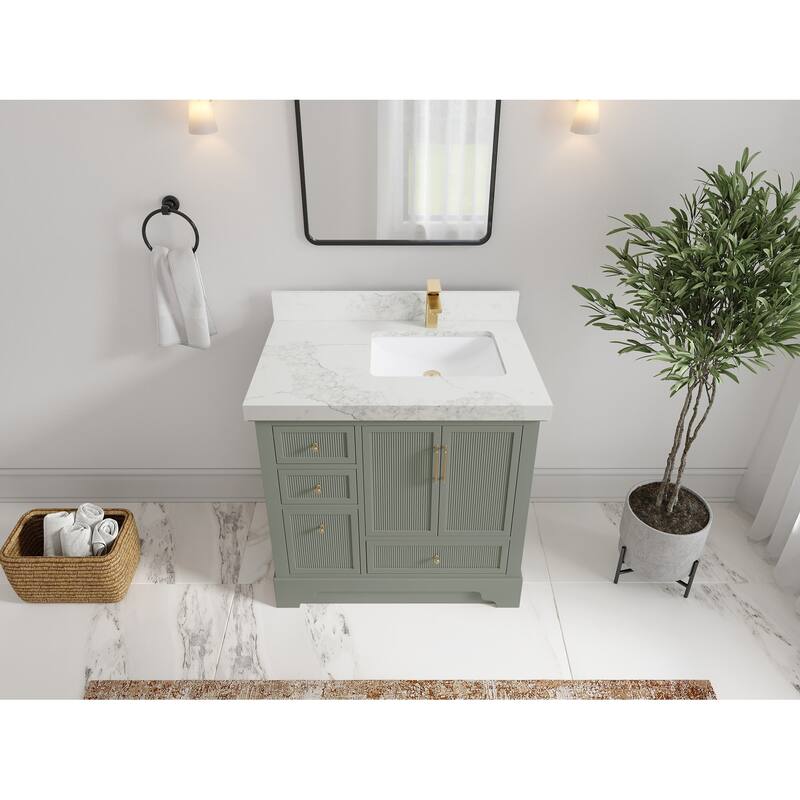 Willow Collections 36 in. W x 22 in. D Alys Right Offset Sink Bathroom Vanity with Countertop - 2"Calacatta Nuvo - Evergreen
