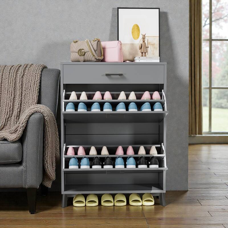 Shoe Storage Cabinet with 2 Flip Drawers, Freestanding Hidden Shoe Organizer with Metal Legs for Entryway