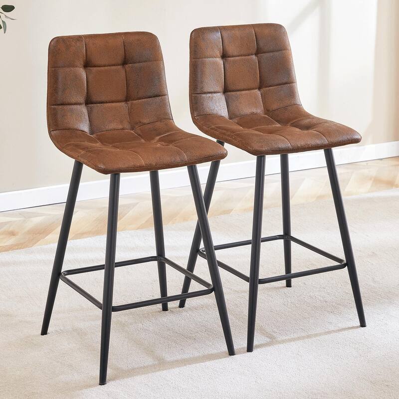 Modern PU Bar Chair 2 Pieces with Metal Legs, Checkered Design, Waterproof and Stain Resistant Suitable for Bars, Living Rooms