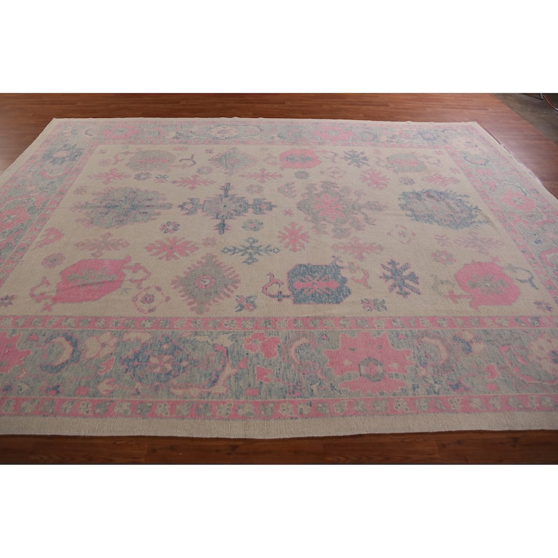 Hand Knotted Oriental 100% Wool Carpet Transitional All-Over Beige & Ivories Oushak Area Rug - 12' 4'' X 9' 0''