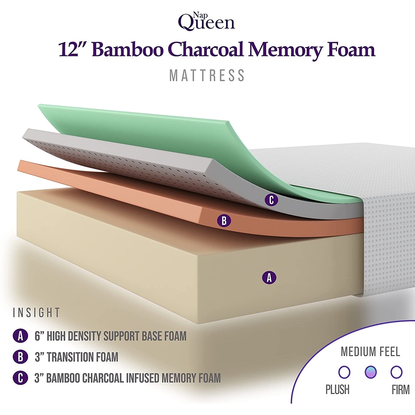 NapQueen 12-Inch Bamboo Charcoal Memory Foam Mattress for Cool Sleep-image