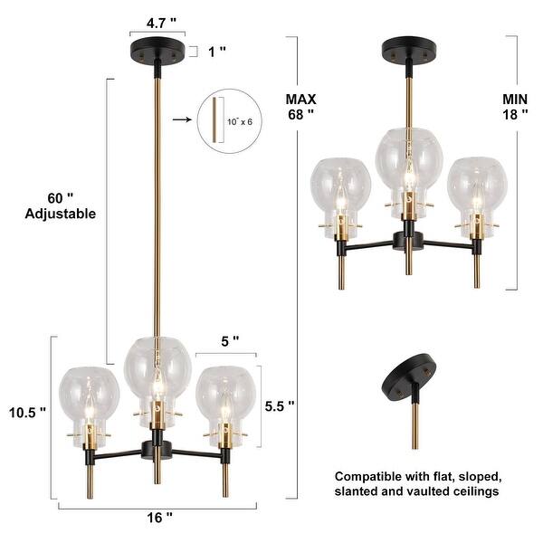 dimension image slide 1 of 2, Modern 3-Light Black Gold Chandelier Pendant Light with Glass Shades Kitchen Island Light for Dining Room