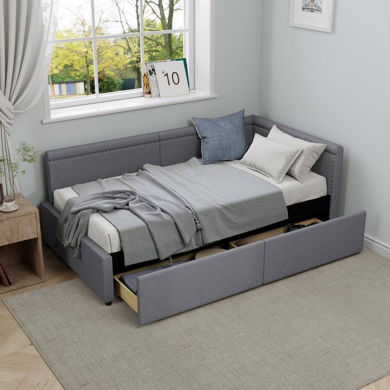 Modern Style Twin Size L Shape Corner Bed, Linen Upholstered Daybed with Two Storage Drawers