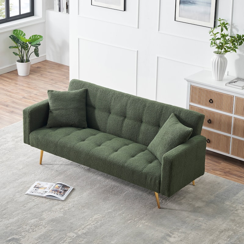 71.7 - Teddy Fleece Sofa Bed, accompanied by two charming throw pillows