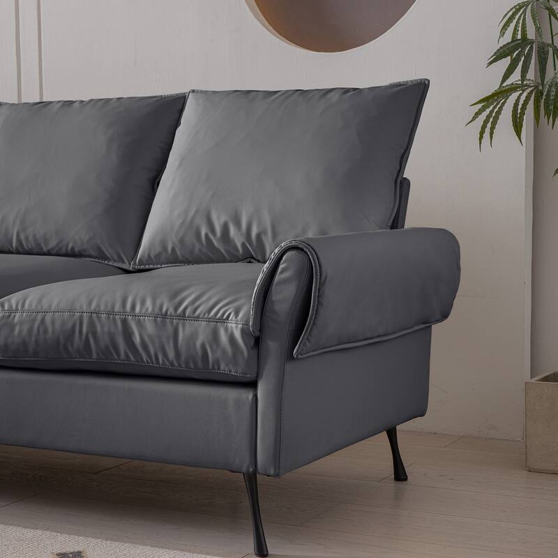 Contemporary Technical Leather L-Shaped Sofa Couch with Convertible Ottoman