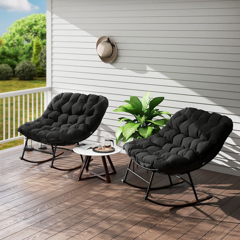 Steel Rocking Chairs with Cushions Woodgrain Base Indoor Outdoor Set of 2 - 36.6" W x 39.8" D x 30.7" H