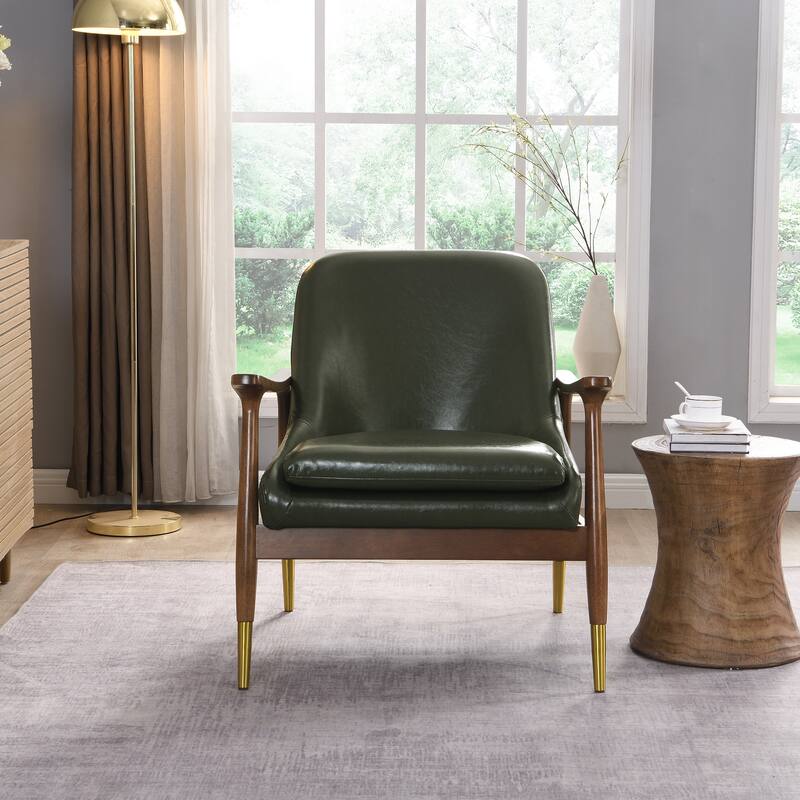 Roomfitters Mid-Century Faux Leather Accent Chair with Cushioned Seat, Solid Wood Frame and Brass-Tipped Legs