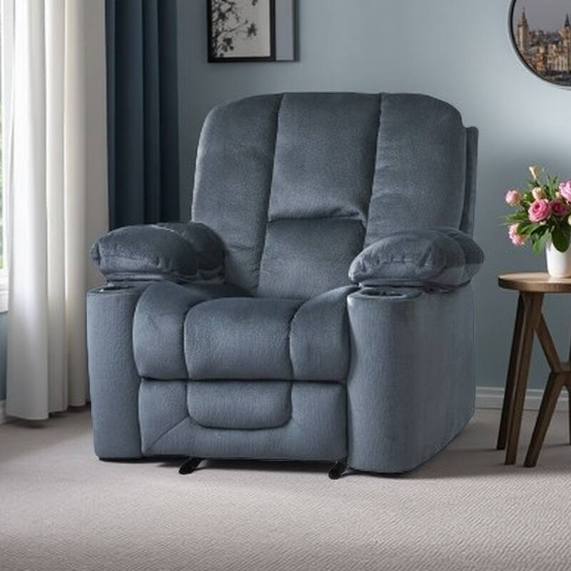 Stylish Manual Recliner with Soft Fabric Upholstery, Plush Padding, and Dual Cup Holders - Silver