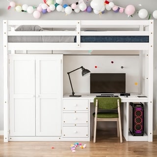 Twin Size Loft Bed with Wardrobe, Desk, Drawers, and Open Storage Cabinet, Space-Saving Multi-Functional Design, White