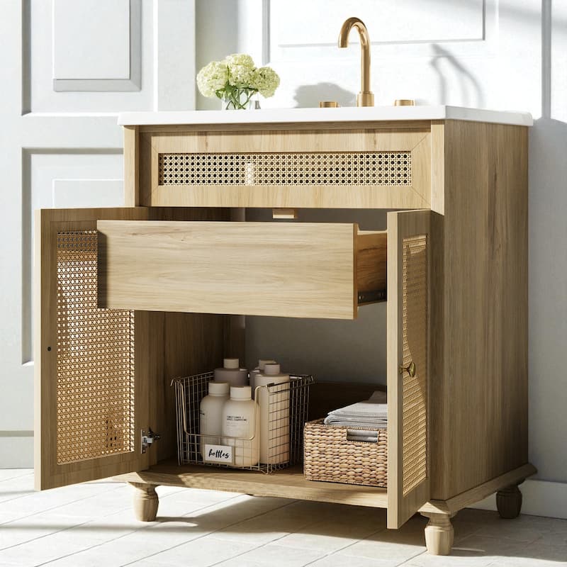 30" Bathroom Vanity with Resin Sink Handwoven Rattan Doors Soft Close Hinges Solid Wood Base
