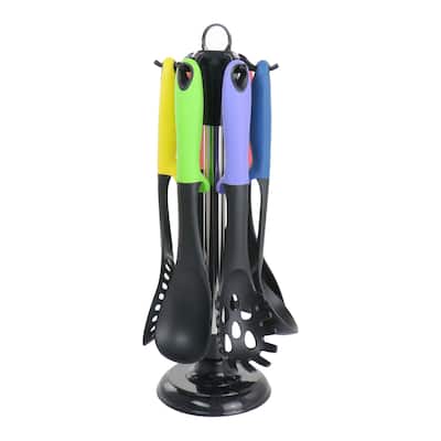 Nylon and Assorted Color Handle 7 Piece Kitchen Utensils and Holder