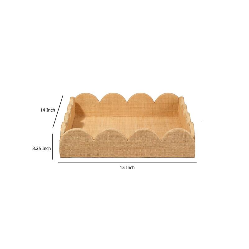Rori Decorative Accessory Tray, Scalloped Edge 15 Inch Brown Raffia