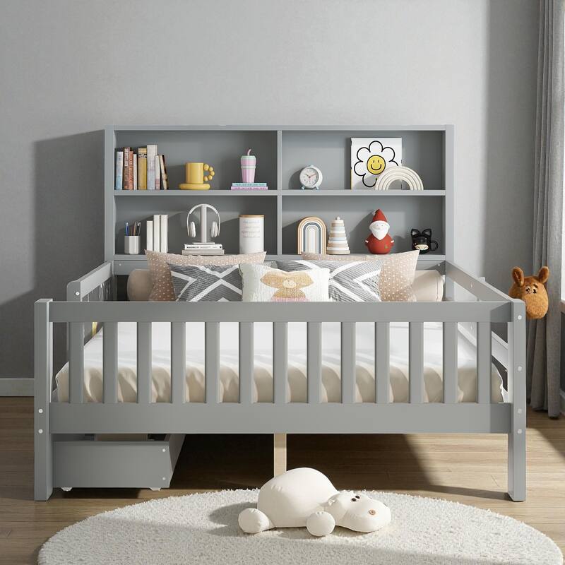 Twin/Full Solid Wood Platform Bed with Chalkboard Headboard, Storage Drawers and Shelves, Space-Saving Kids Bed
