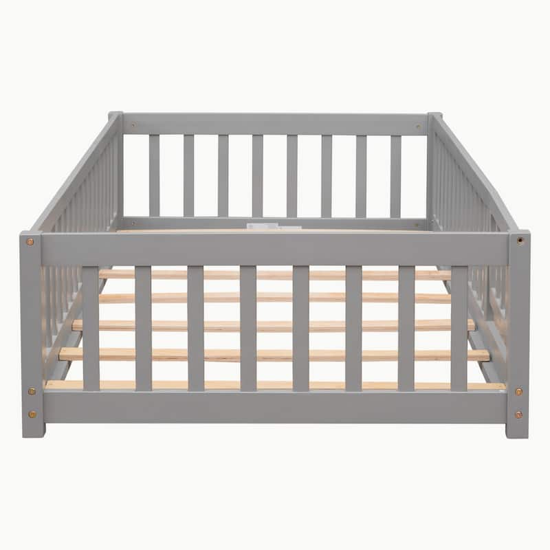 Pine Wood Floor Platform Bed with Fence and Door