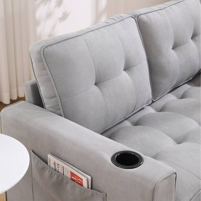 Upholstered Convertible Sofa Bed with Side Pockets and Cup Holder