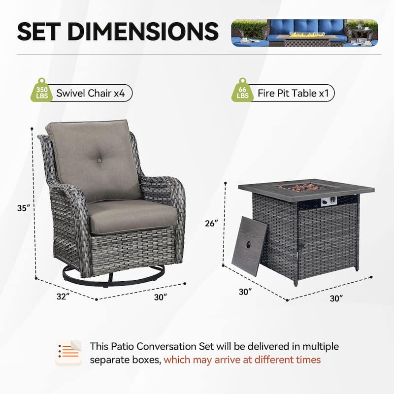 Gymojoy 5-Piece Outdoor Furniture Chair Set, 4 Swivel Chairs & 55K BTU Fire Pit Table