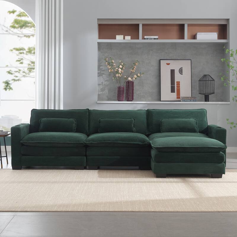 Stripe Corduroy Sofa with USB and Cup Holders, L Shape Chaise with Ottoman and Lumbar Pillows, 3 Seater Convertible Lounge Couch