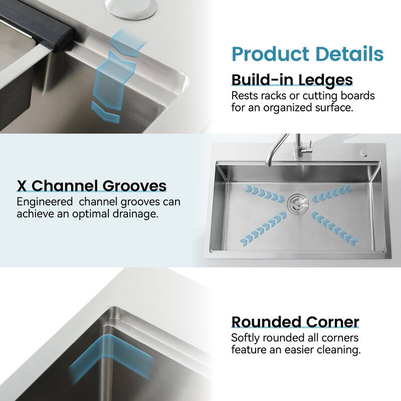 Stainless Steel Kitchen Sink, 30″x22″ Single Bowl, Overmount Handmade Sink in Black, with Cutting Board, Colander
