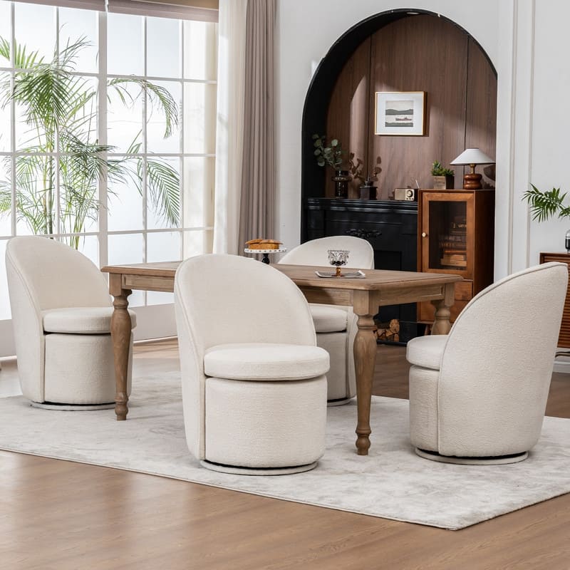 Swivel Dining Chair with Back, Boucle Vanity Chair for Dressing Room, Living Room - White - Set of 4