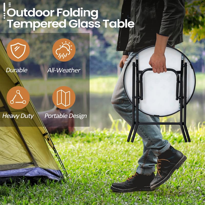 Crestlive Outdoor Side Table Patio Small Folding Table with Tempered Glass Table Top