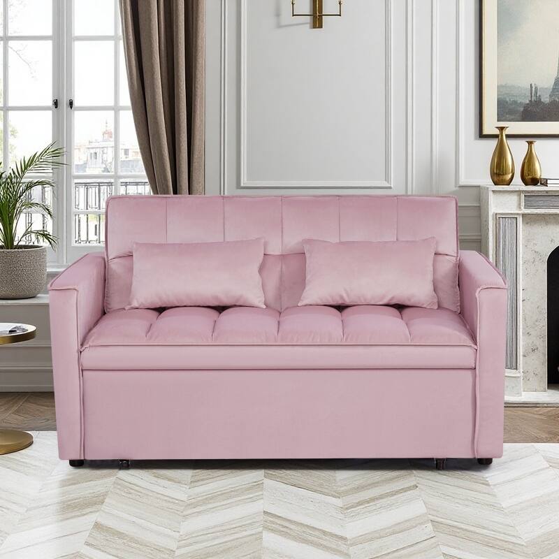 54” Velvet Pull-out Sleeper Sofa Bed,with 3 Adjusting Reclining Back & Storage - Solid Wood Frame,Twin Size-54” x 35.5” x 30”H