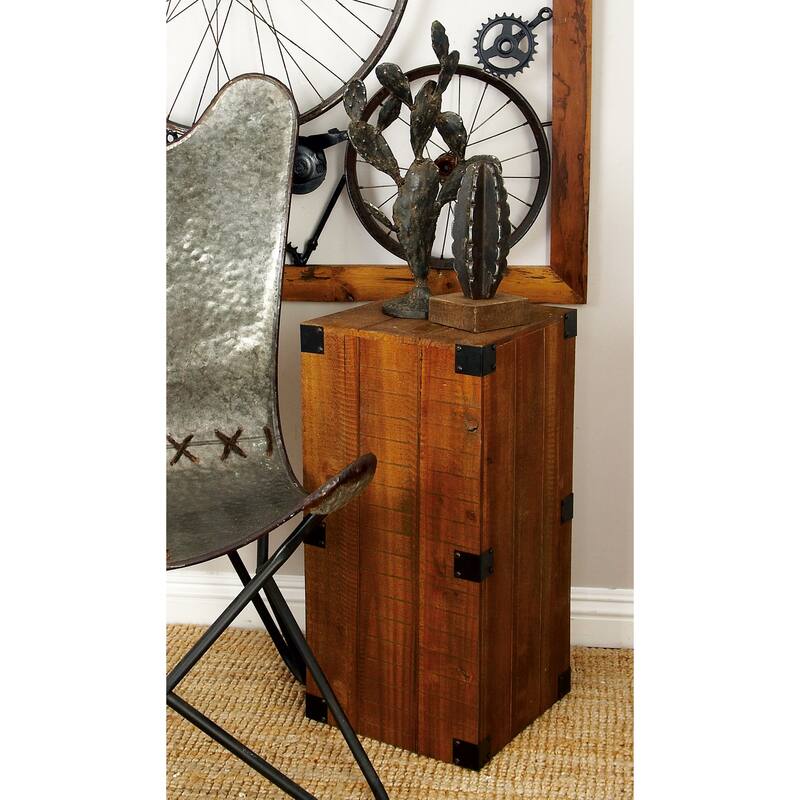 Wood Pillar Style Pedestal Table with Metal Corner Brackets - Set of 5 Brown - Roche River Decor - 16"W x 16"L x 36"H