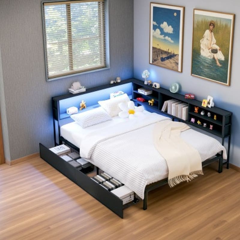 Full Corner Kids Daybed with Storage Drawers, Integrated Bookcase Headboard, LED Lighting & Charging Station