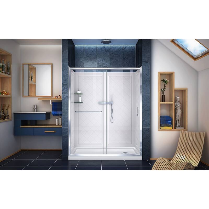 DreamLine Infinity-Z 32 in. D x 60 in. W x 76 3/4 in. H Sliding Shower Door, Shower Base and Backwall Kit - 32" x 60"