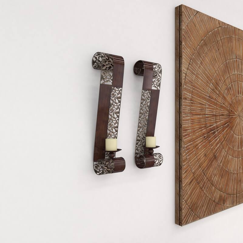 Brown Metal Cutout Leaf Wall Sconce with Scrolled Edges (Set of 2) - S/2 21"H, 4"W