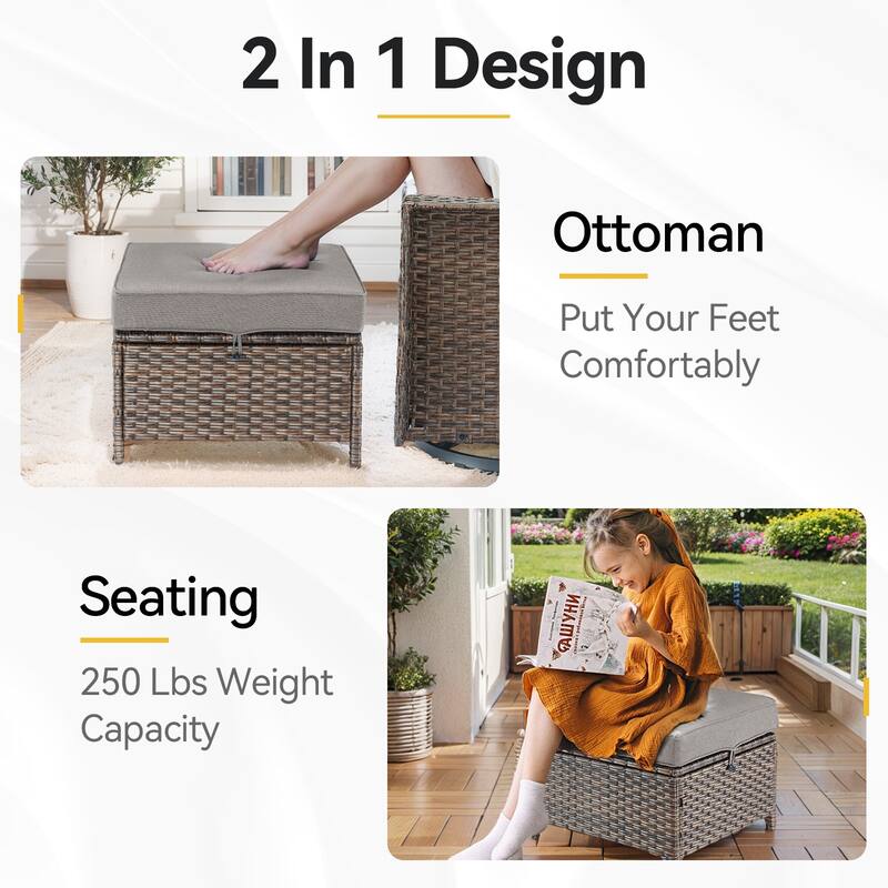 2 Pieces Patio Rattan Ottomans with cushions