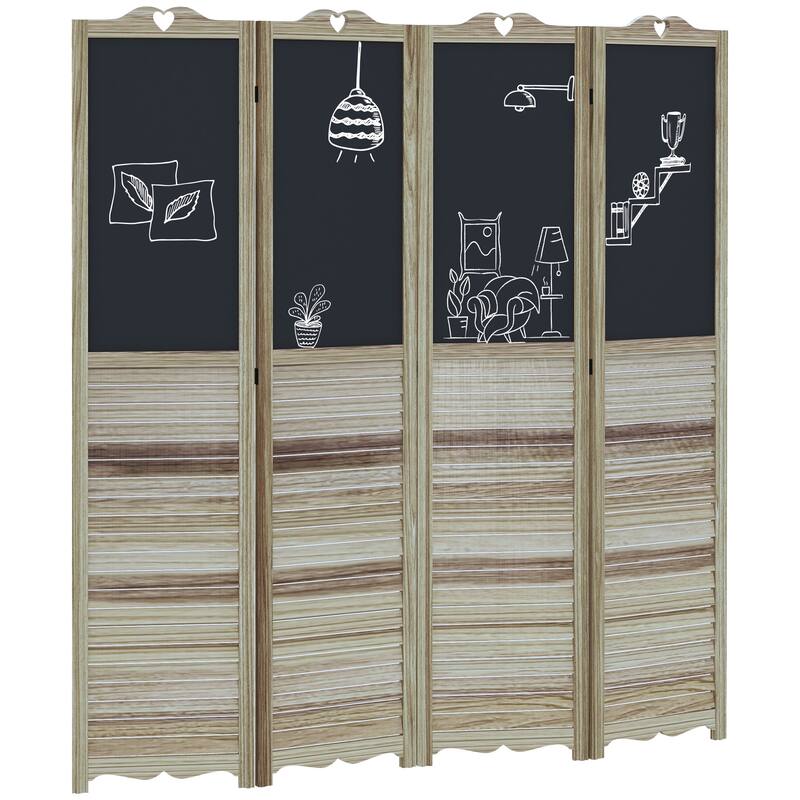 4-Panel Folding Room Divider with Blackboard, 5.5 Ft Tall Freestanding Privacy Screen Panels for Bedroom or Office, White - White