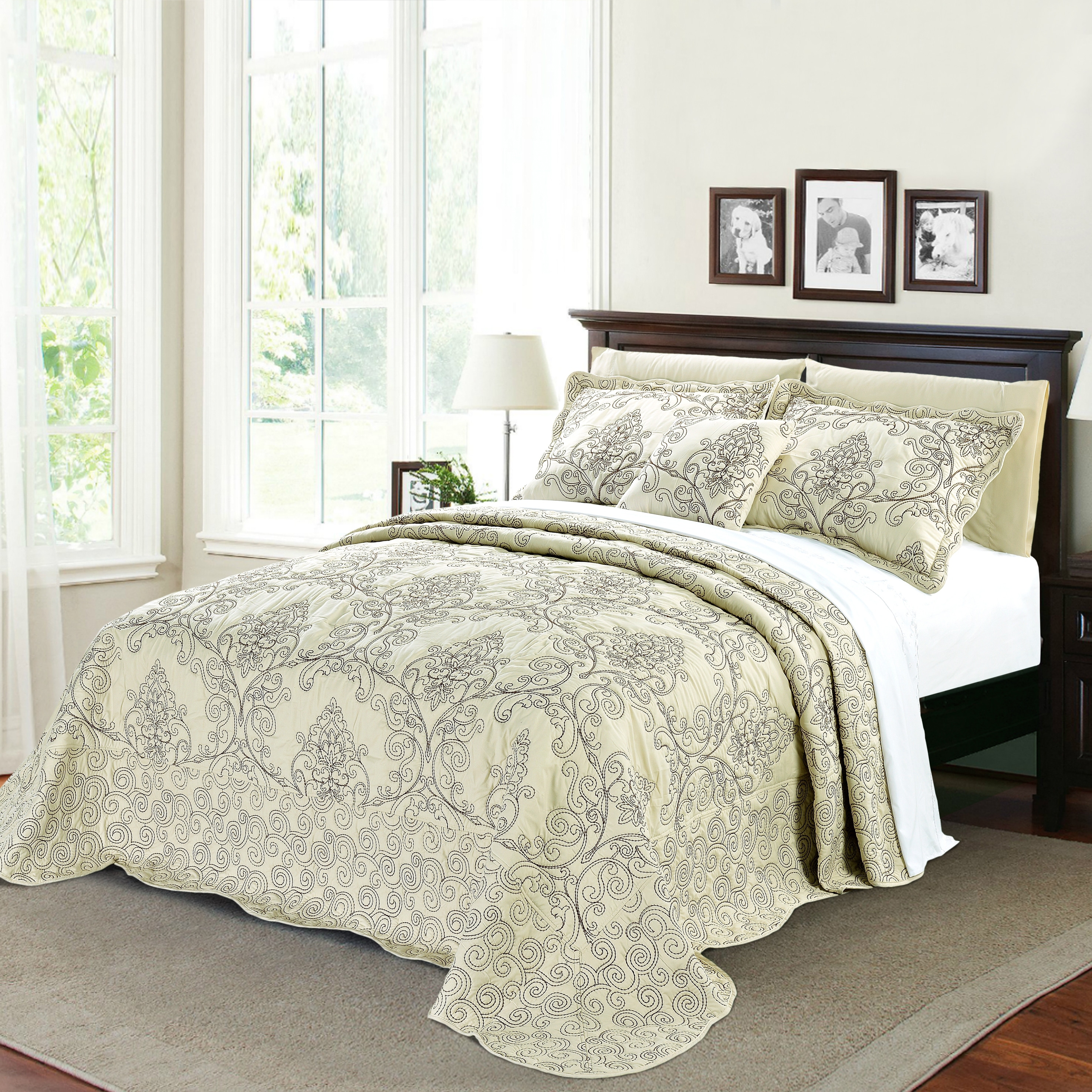 Bedspread Coverlet Light Green Damask 3-Piece Reversible Quilt Set 