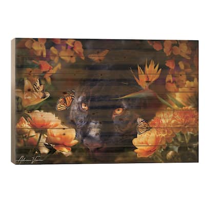 Panther In Flowers Print On Wood by Adrian Vieriu - Multi-Color