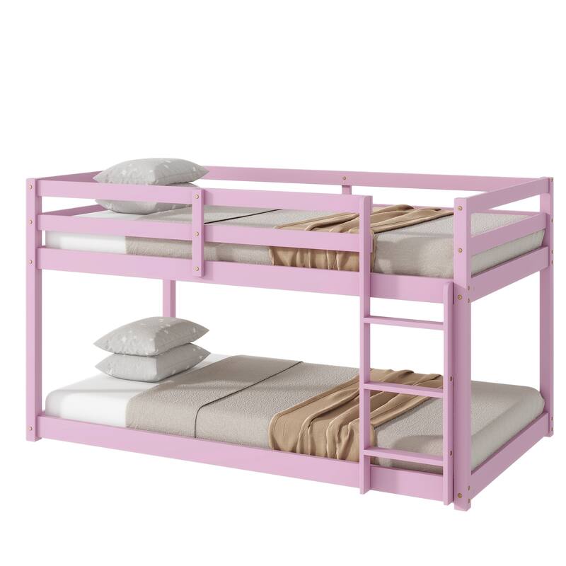 Pink Twin over Twin Solid Rubber Wood Bunk Bed with Ladder and Strengthened Slats