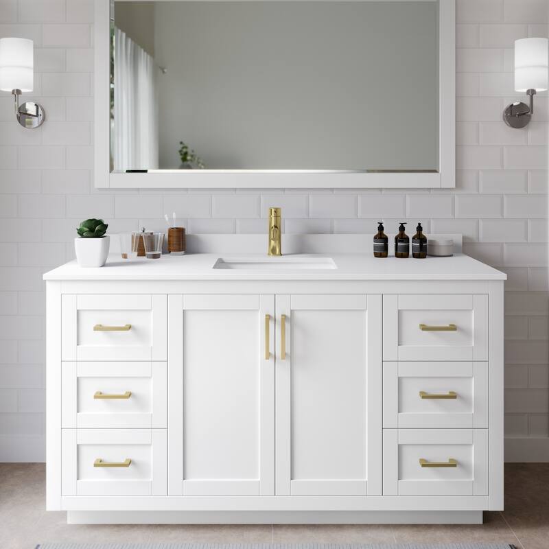 Wyndham Collection Miranda 60" Free Standing Single Basin Vanity Set - White / White Cultured Marble Top / Brushed Gold