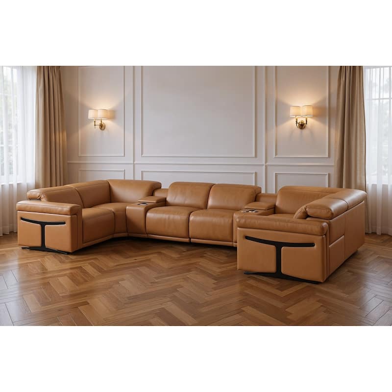 HomeRoots Chestnut Italian Leather Power Reclining U Shaped Eight Piece Corner Sectional With Console - Symmetrical - Chestnut
