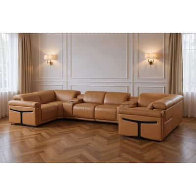 HomeRoots Chestnut Italian Leather Power Reclining U Shaped Eight Piece Corner Sectional With Console