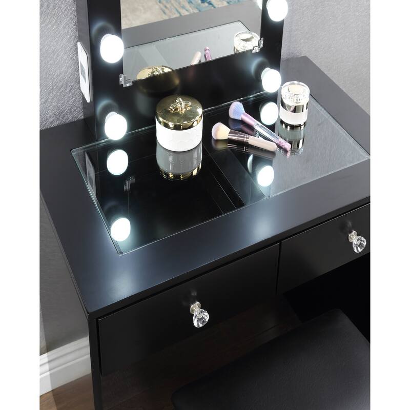 Makeup Vanity and Stool Set with 10 Lights and USB Port and Power Outlet