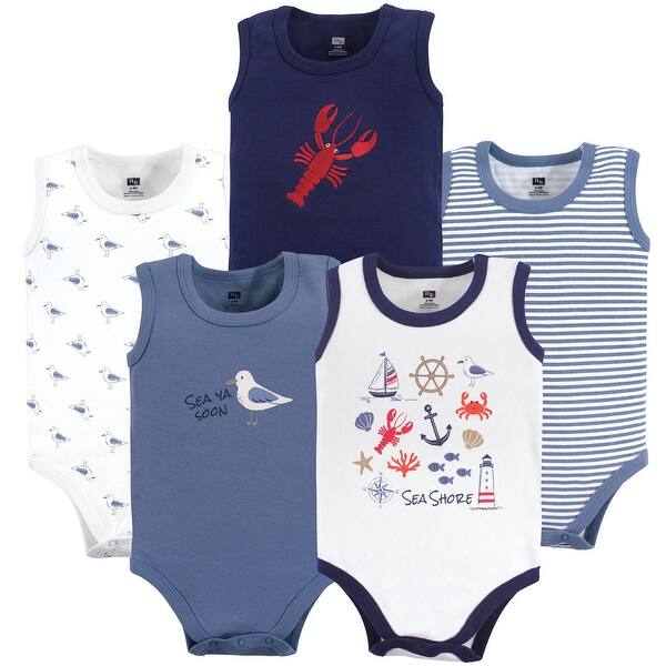 slide 1 of 1, Hudson Baby Infant Boy Cotton Sleeveless Bodysuits 5pk, Sea Shore 0-3 Months - Sea Shore
