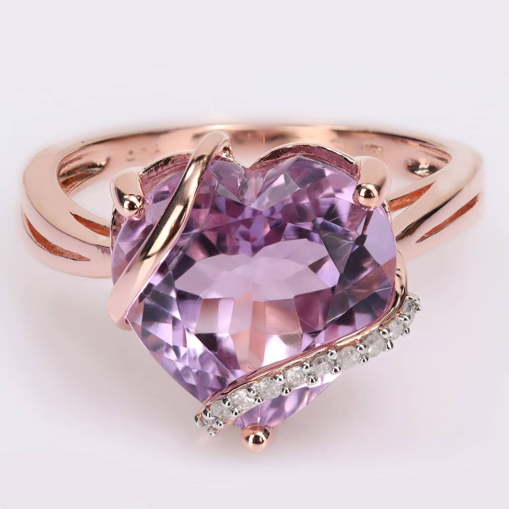 Miadora Heart-cut Amethyst and Diamond Accent Swirl Cocktail Split Shank Ring in Rose Plated Sterling Silver