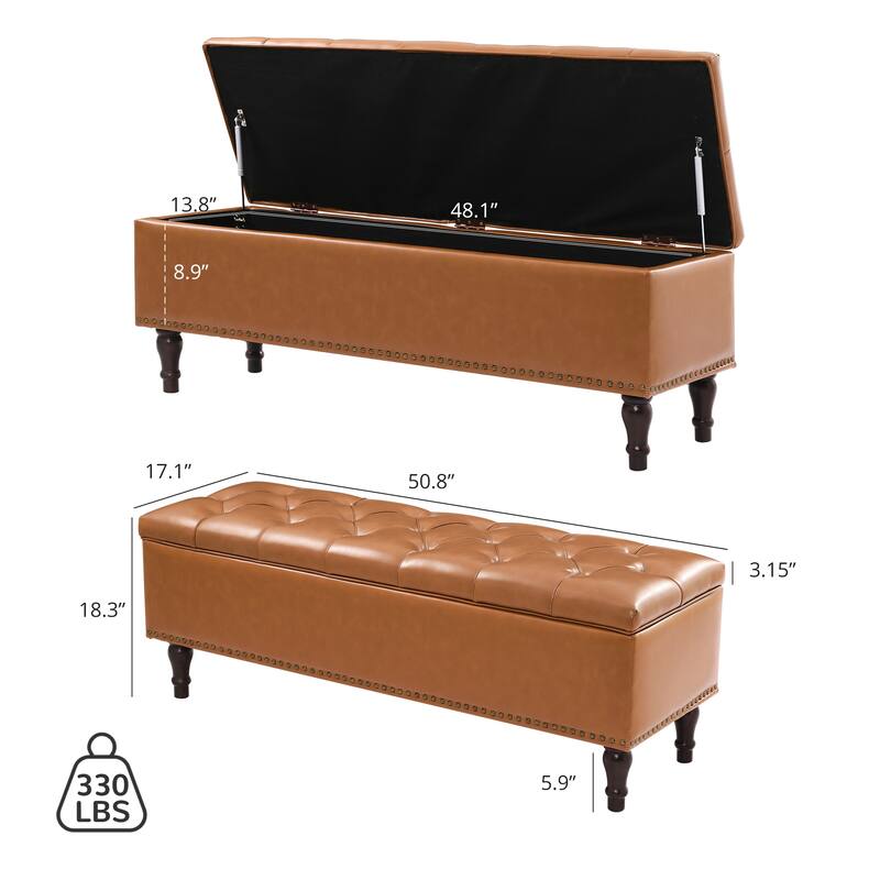 Tufted Storage Bench, Upholstered Ottoman with Storage - 50.8" W X 17.1" D X 18.3" H